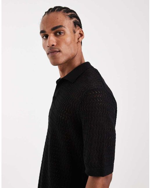 Only & Sons Black Open Knit Split Neck Polo for men