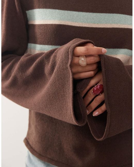 Reclaimed (vintage) Brown Flared Sleeve Knitted Top With Stripe Panel