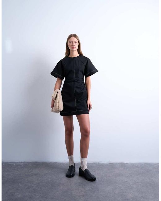 TOPSHOP Black Heavy Twill Contrast Stitch Short Sleeve Mini Dress
