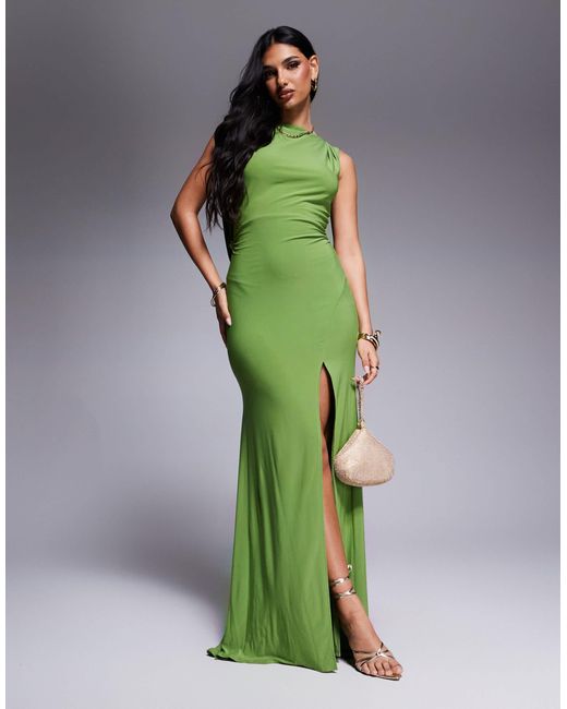 Stacey | Dark Green Slashed-Neck Maxi Dress With Open-Back And Embellished Detail