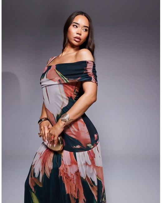 ASOS Multicolor One Off Shoulder Mesh Maxi Dress