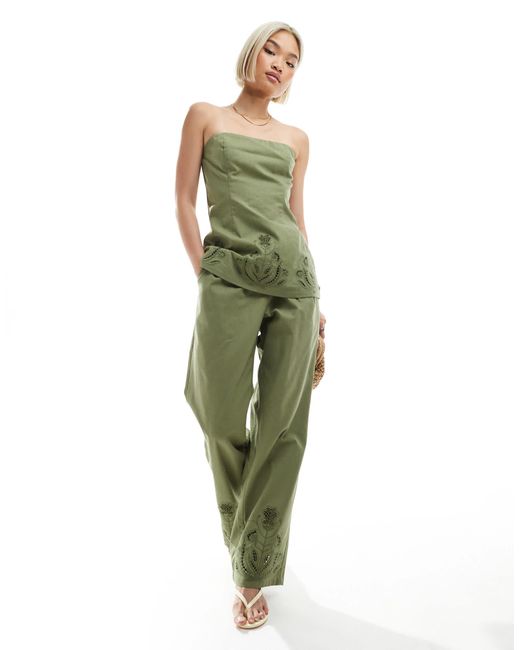 Bandeau long d'ensemble avec fleurs ajourées en lin mélangé - olive 4th & Reckless en coloris Green