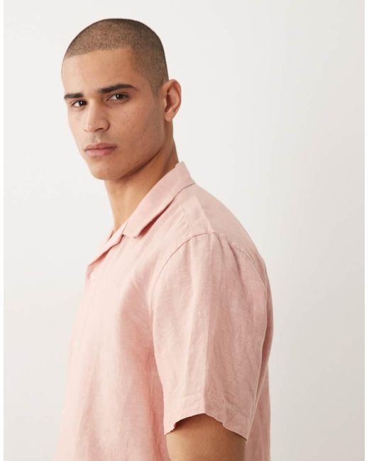 SELECTED Pink Linen Blend Short Sleeve Shirt for men