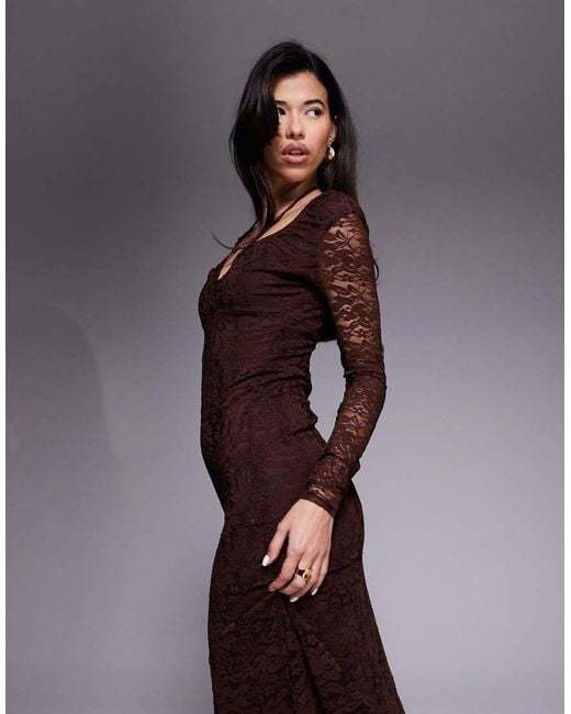 ASOS Brown Lace Long Sleeve Tie Front Midi Dress