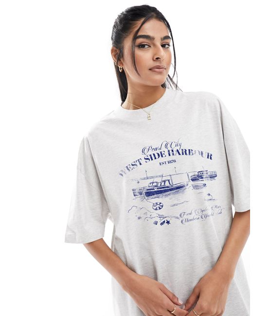 T-shirt oversize à motif port et bateau - givre chiné ASOS en coloris White