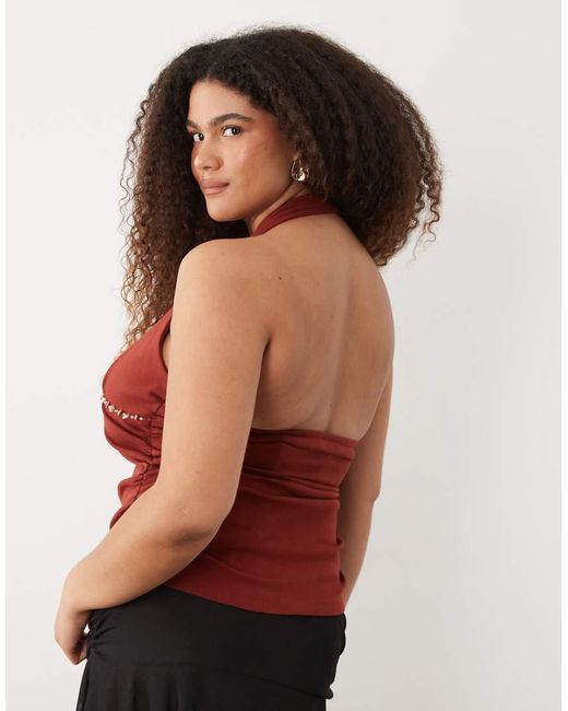 ASOS Red Asos Design Curve Compact Cotton Ruched Halter Neck Top With Bead Detail