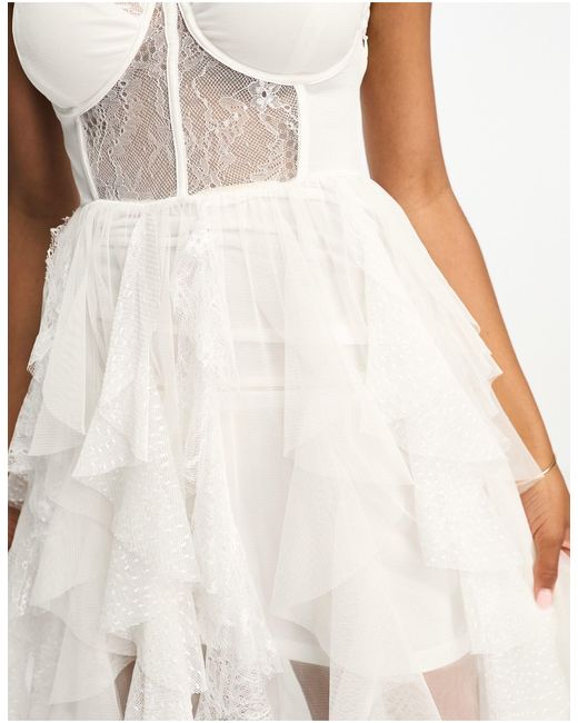 Miss Selfridge Bandeau Bridal Lace Detail Frill Maxi Dress With Detachable  Straps in White | Lyst
