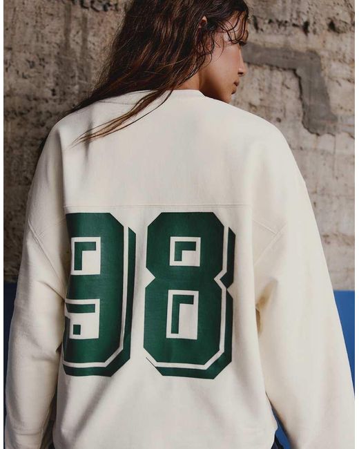 Bershka Natural Printed Round Neck Sweatshirt