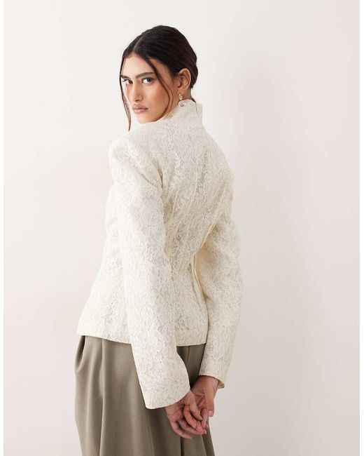 ARRANGE Natural High Neck Lace Cinched Long Sleeve Top