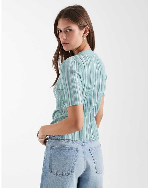 & Other Stories Blue Knitted Ribbed Short Sleeve Cardigan