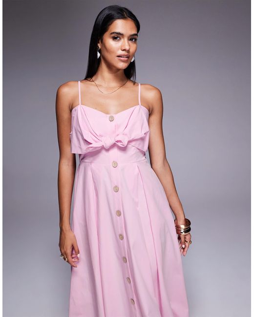 River Island Pink Midi Bow Button Up Dress