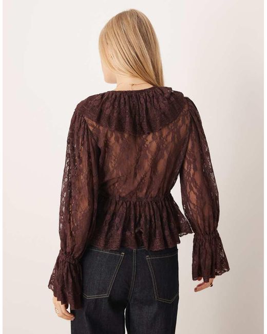 LACE & BEADS Brown Sheer Lace V Neck Ruffle Detail Top
