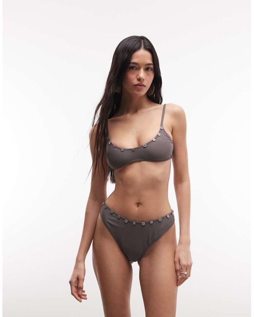 Collusion Brown Button Trim High Leg Bikini Bottoms