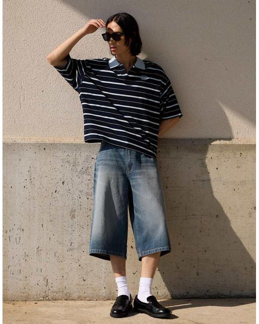 Bershka Blue Embroidered Stripe Short Sleeve Polo Shirt for men