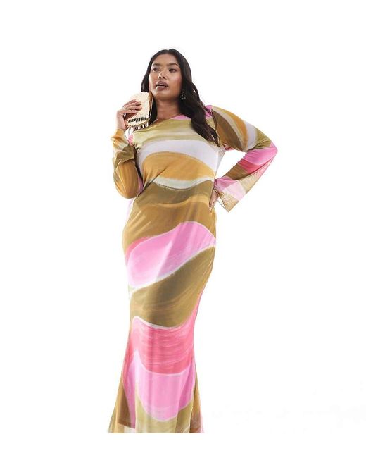 Vero Moda Maxi Jurk Van Mesh Met Lange Mouwen En Meerkleurige Uitvergrote Verfprint in het Multicolor