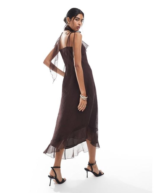 Vero Moda Brown Chiffon Asymmetric Hem Ruffle Dress With Scarf Detail
