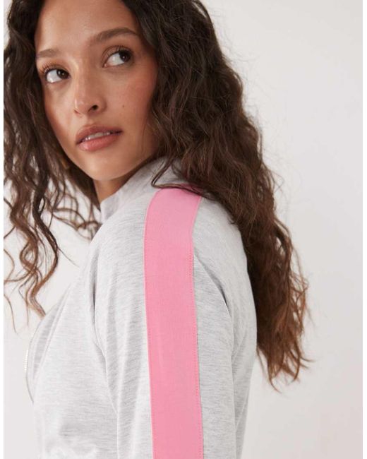 ASOS White Co-ord Fitted Zip Through Fleece With Contrast Pink Strip