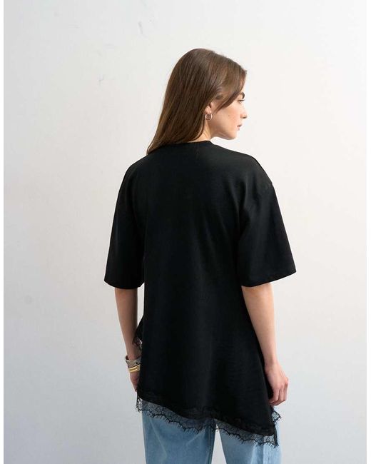 TOPSHOP Black Waisted Lace Trim Tee
