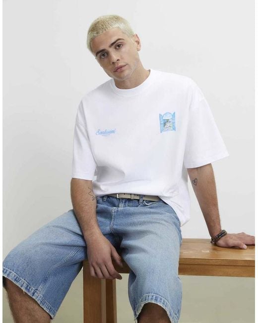 River Island Blue Oversized Fit Santorini Scenic T-Shirt for men