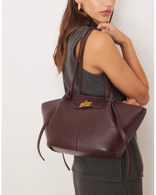 Gina Tricot Brown Faux Leather Small Tote Bag With Strap And Clutch Detail