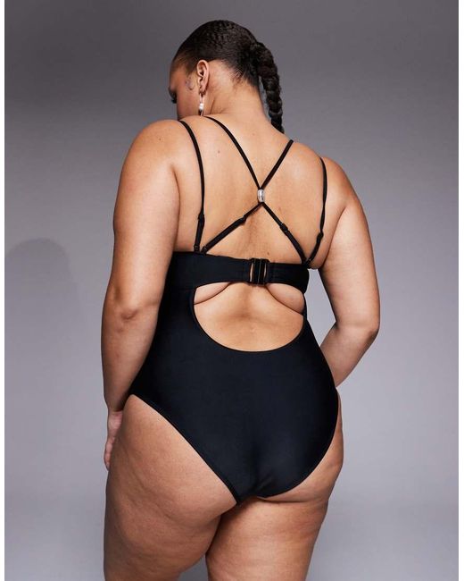 ASOS Black Asos Design Curve Sadie Pleat Bust Underwired Balcony Swimsuit With Pearl Detail