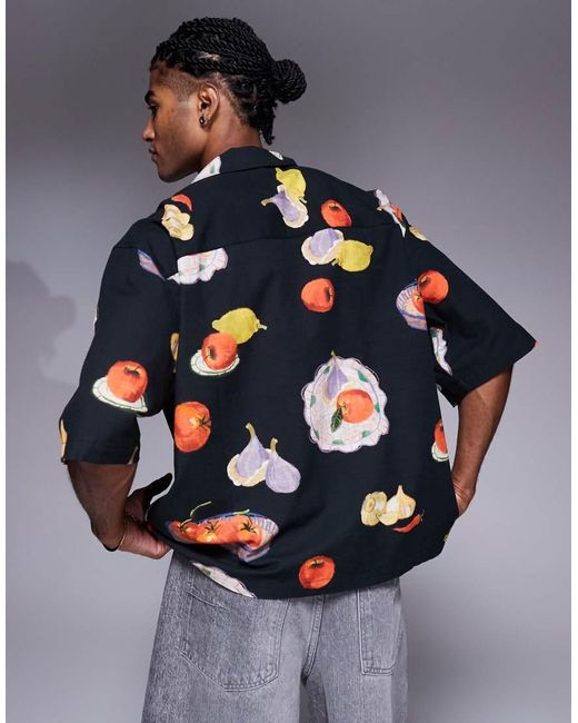 ASOS Gray Boxy Oversized Revere Printed Shirt for men