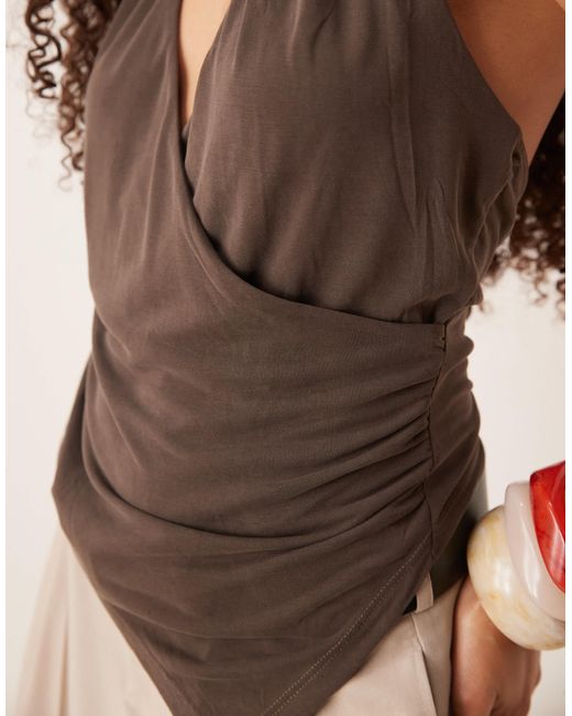 Mango Brown Asymmetric Halter Neck Top With Ruched Cinch Waist Detail