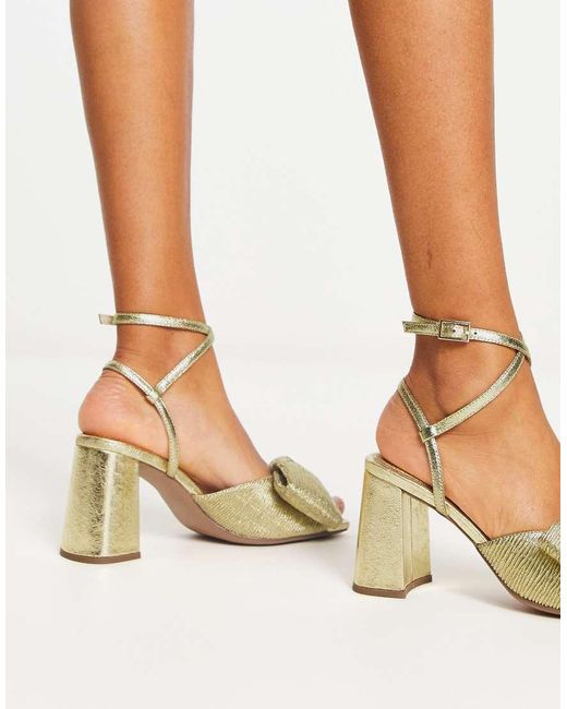 ASOS Natural Hitched Bow Detail Mid Block Heeled Sandals
