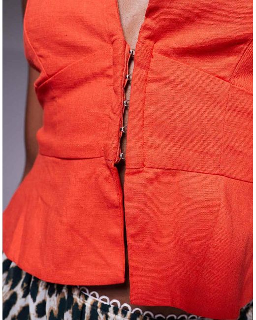 Princess Polly Red Cotton Plunge Halterneck Peplum Detail Top