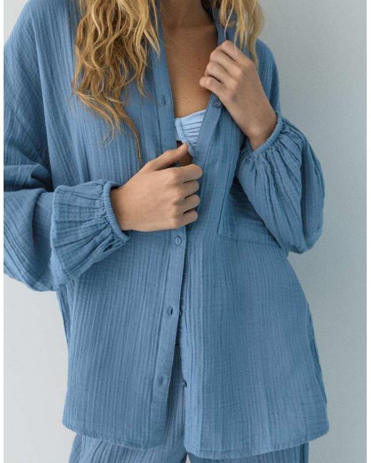 Pull&Bear Blue Chiffon Stand Collar Shirt