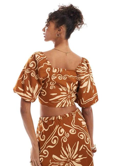 Wednesday's Girl Brown Tile Floral Puff Sleeve Blouse Co-ord