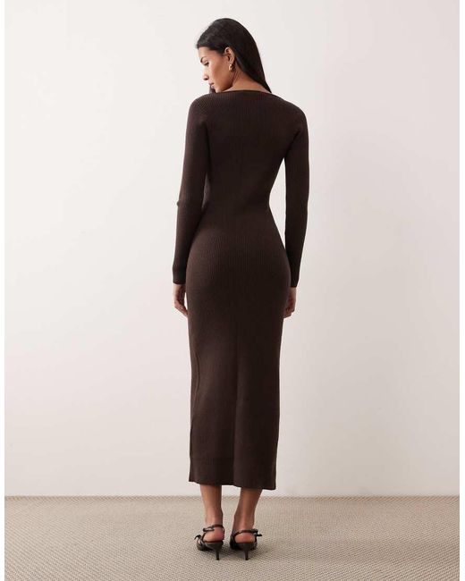 Abercrombie & Fitch Natural Long Sleeve V Neck Fitted Maxi Dress