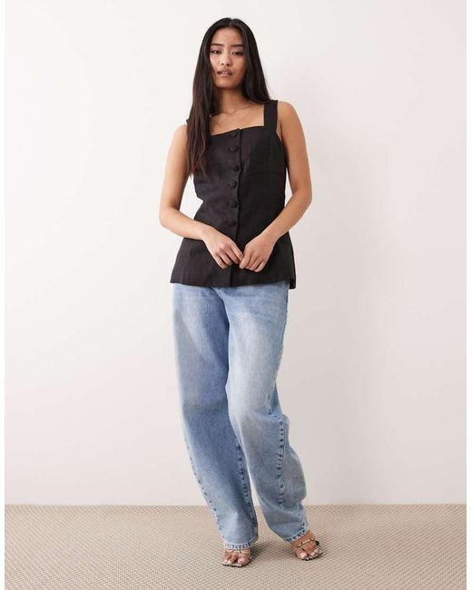 Nobody's Child Black Linen Blend Square Neck Button Down Top