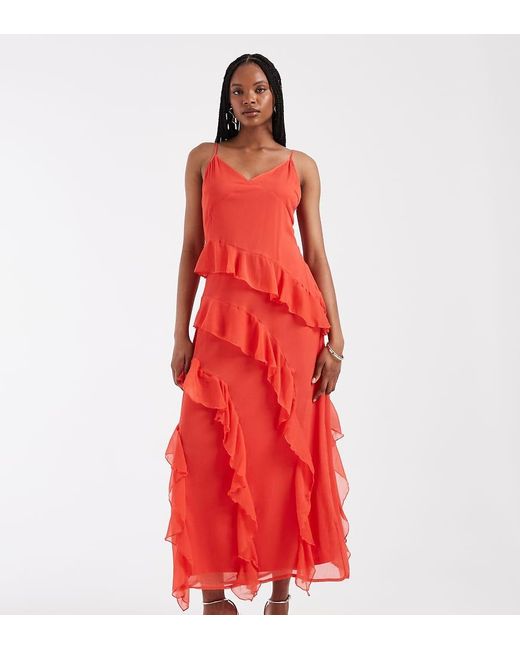 Vero Moda Red Smilla Chiffon Cami Ruffle Detail Midi Dress