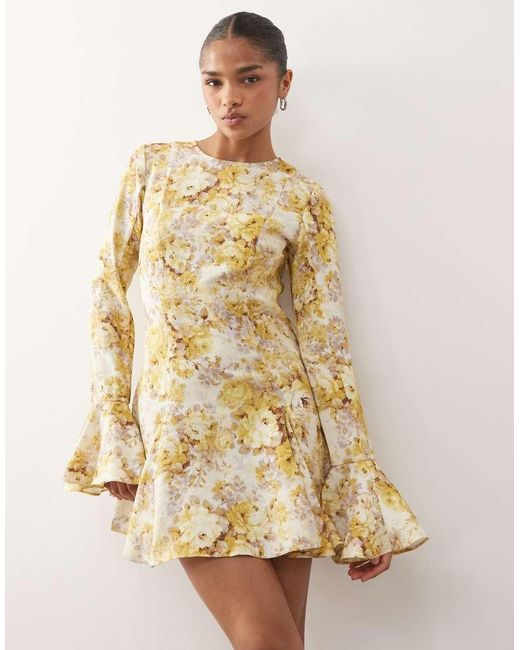 Monki Natural Floaty Long Sleeve Mini Dress