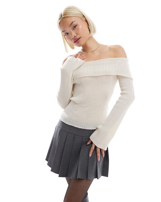 Stradivarius White Str Light Knit Off Shoulder Top