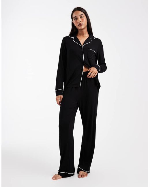 ASOS Black Super Soft Long Sleeve Shirt & Trouser Pyjama Set With Contrast Piping