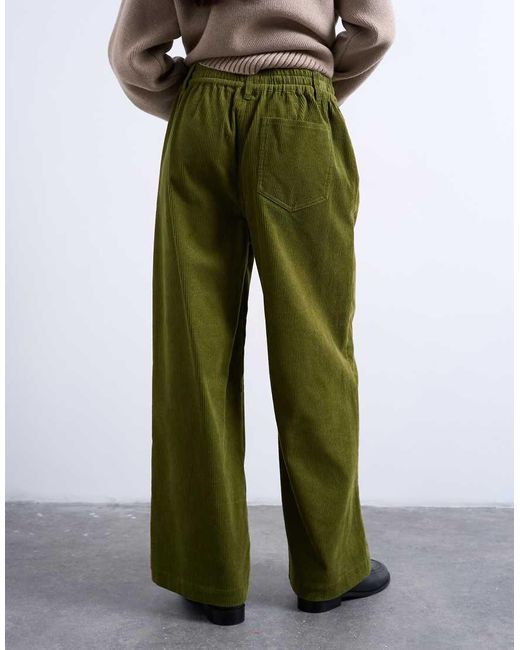 TOPSHOP Green Corduroy Wide Leg Pants With Drawstring
