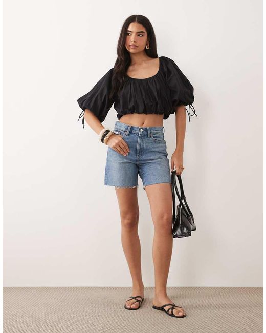 ASOS Katoenen Crop Top Met Pofmouwen in het Black