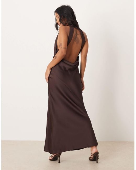 ASOS Brown Asos Design Petite Satin Halterneck Maxi Dress With Cowl Back Detail