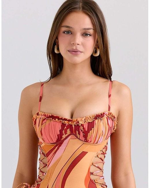 House Of Cb Orange Lumira Sunset Swirl Print Ruffle Cut Out Maxi Dress