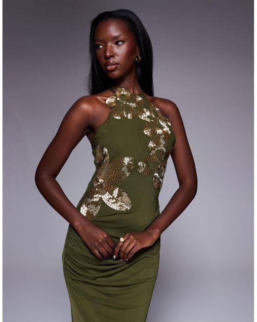 ASOS Women's Green Halterneck Maxi Dress With 3d Floral Embellishment -  www.disolcolor.com