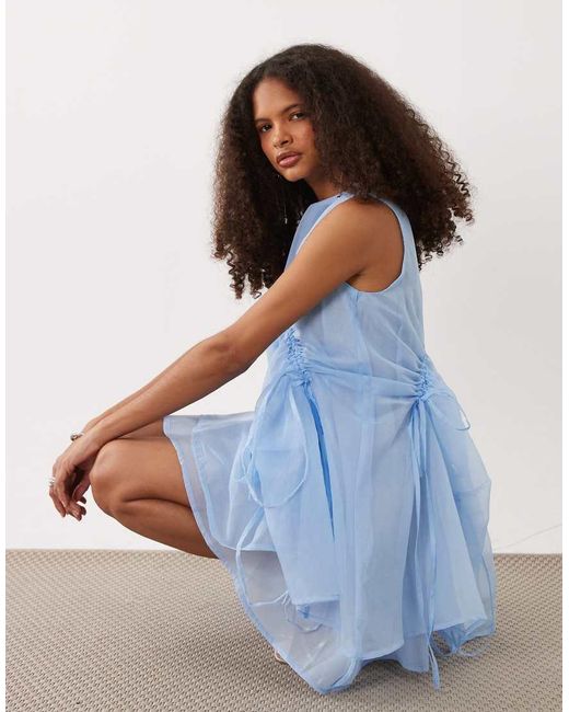 Ghospell Blue Indie Mesh Overlay Sleeveless Drawstring Detail Mini Dress