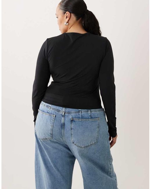 ASOS Blue Asos Design Curve Slinky Cut Out Twist Detail Long Sleeve Top