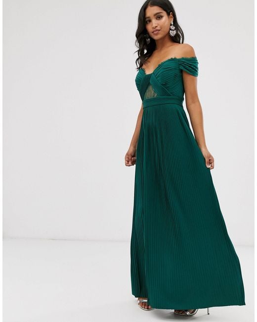 ASOS Green Premium Lace And Pleat Bardot Maxi Dress