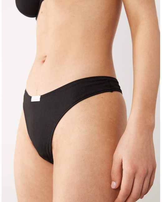 ASOS Natural Nora Rib Knit High Leg Thong With Tab Detail