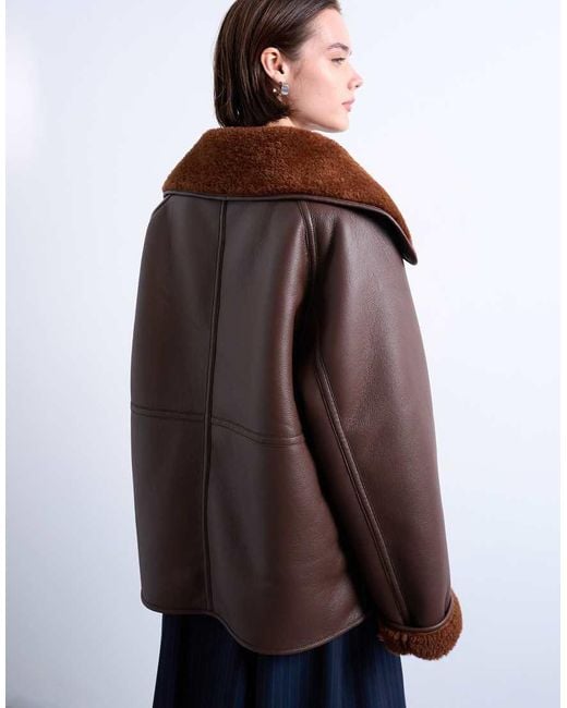 TOPSHOP White Shearling Oversized Reversible Coat With Button Loop