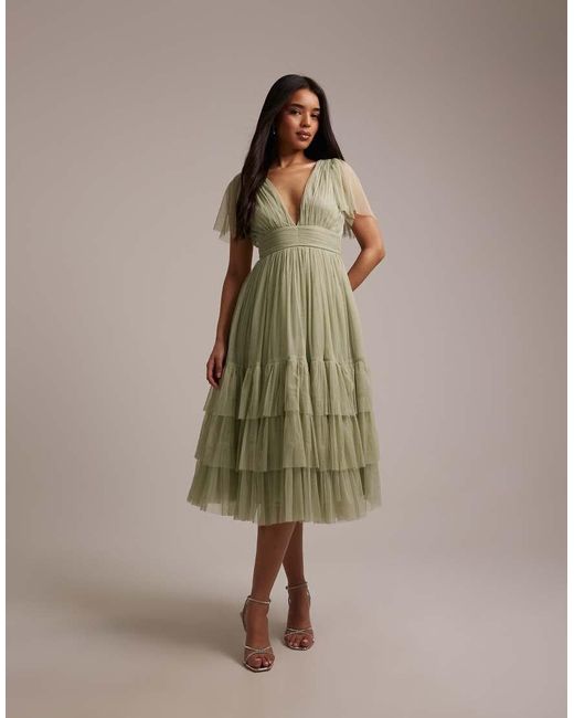 LACE & BEADS Green Bridesmaid Tulle V Neck Midi Dress