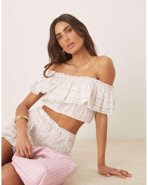Amy Jane London Natural Gaia Frill Off Shoulder Crop Top
