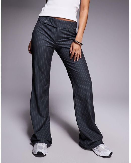 Princess Polly Blue Kinkirk Mid Rise Slim Fit Button Detail Flared Tailored Trousers